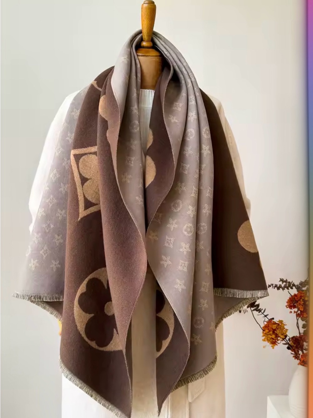 Cashmere Blend Brown and Taupe Monogram Wrap / Scarf